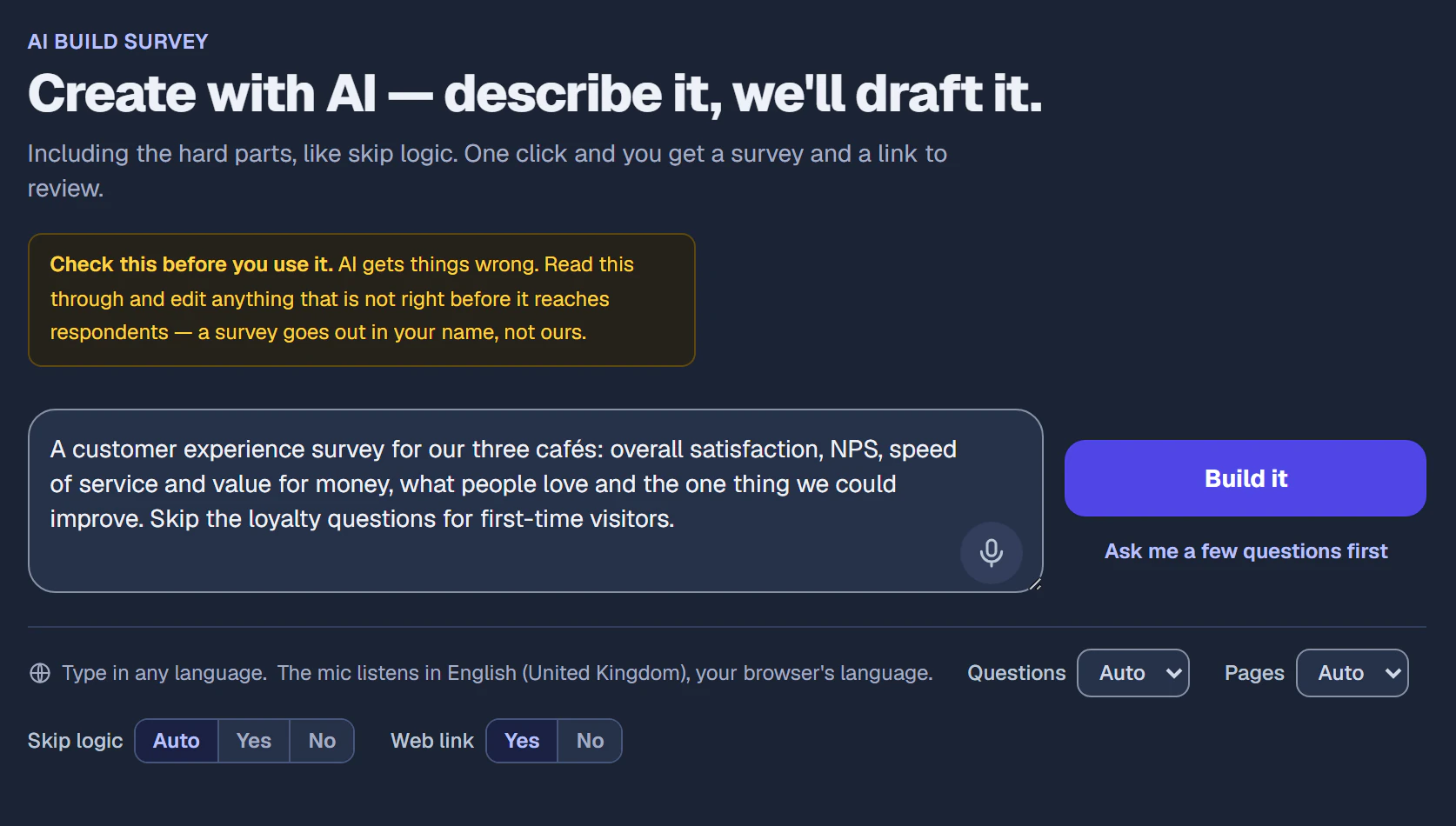 The AI build survey tab in Thisys: a plain-English brief for a café customer experience survey typed into the box, a Build it button, the AI notice, and controls for questions, pages, skip logic and a web link.