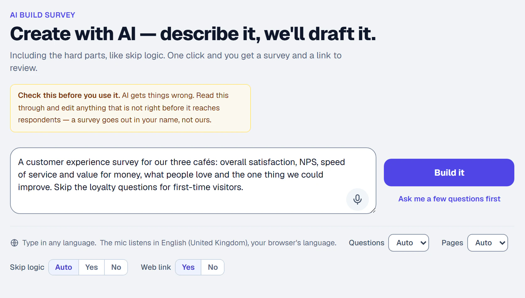The AI build survey tab in Thisys: a plain-English brief for a café customer experience survey typed into the box, a Build it button, the AI notice, and controls for questions, pages, skip logic and a web link.