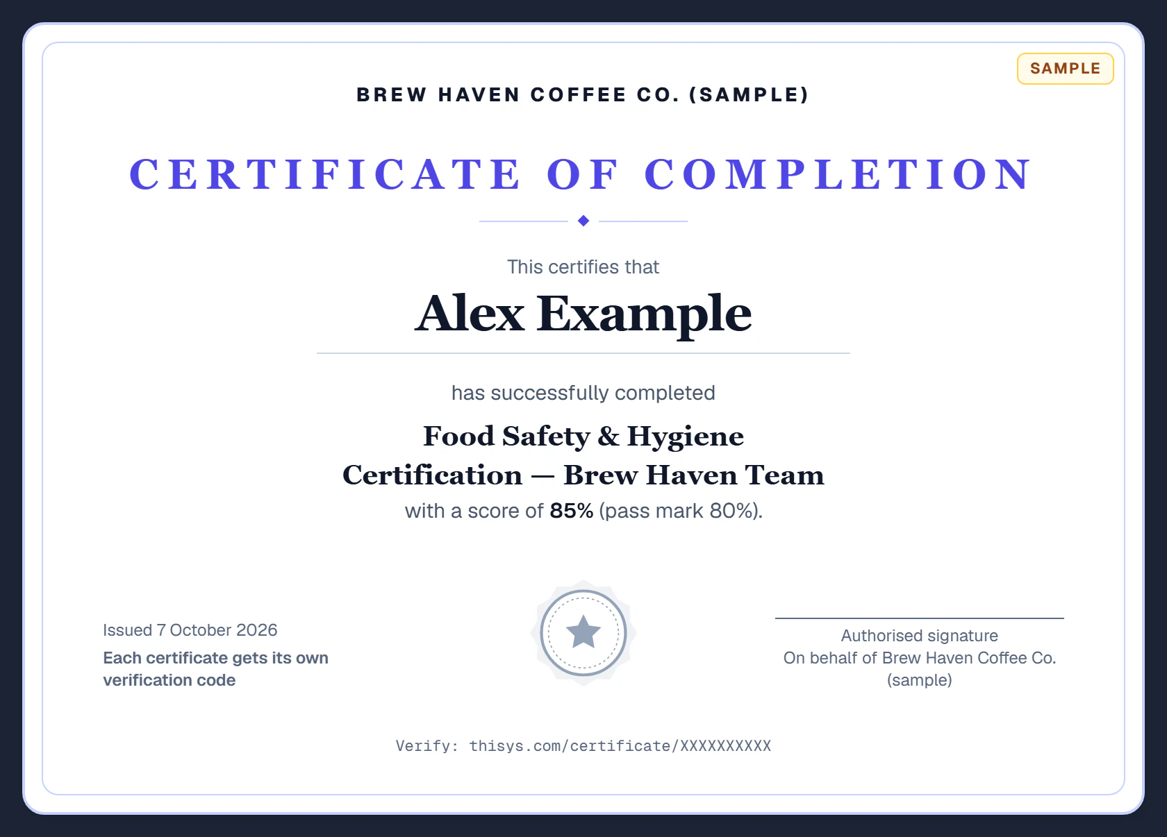 A Thisys certificate of completion for a food safety and hygiene quiz, passed with 85% against an 80% pass mark, signed on behalf of the organisation, with the thisys.com verification line where each certificate's own code goes.