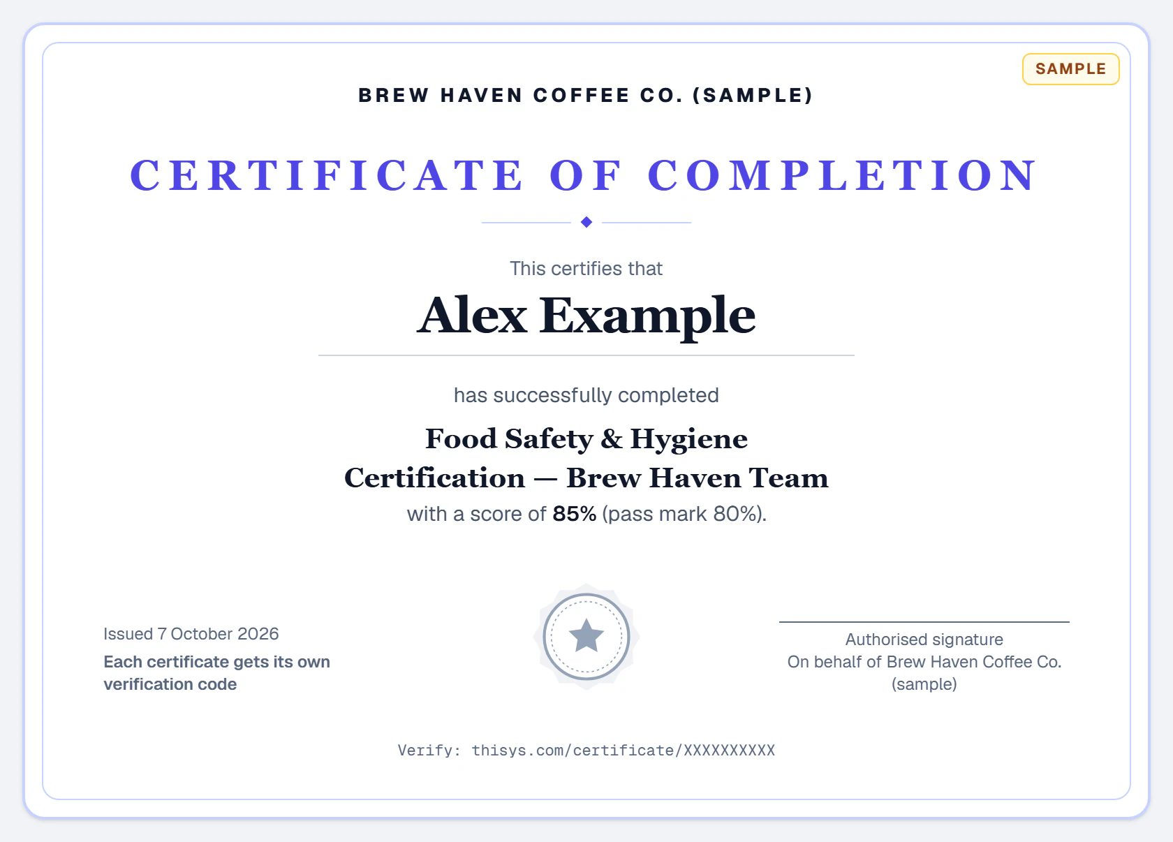 A Thisys certificate of completion for a food safety and hygiene quiz, passed with 85% against an 80% pass mark, signed on behalf of the organisation, with the thisys.com verification line where each certificate's own code goes.