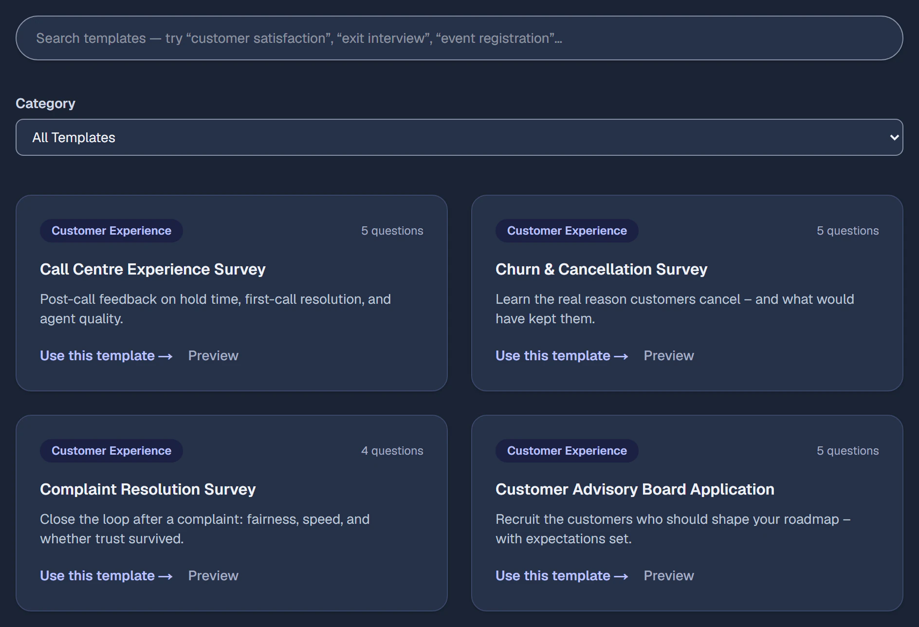 The Thisys survey template gallery: a search box, a category picker, and template cards showing the category, the number of questions, Use this template and Preview.