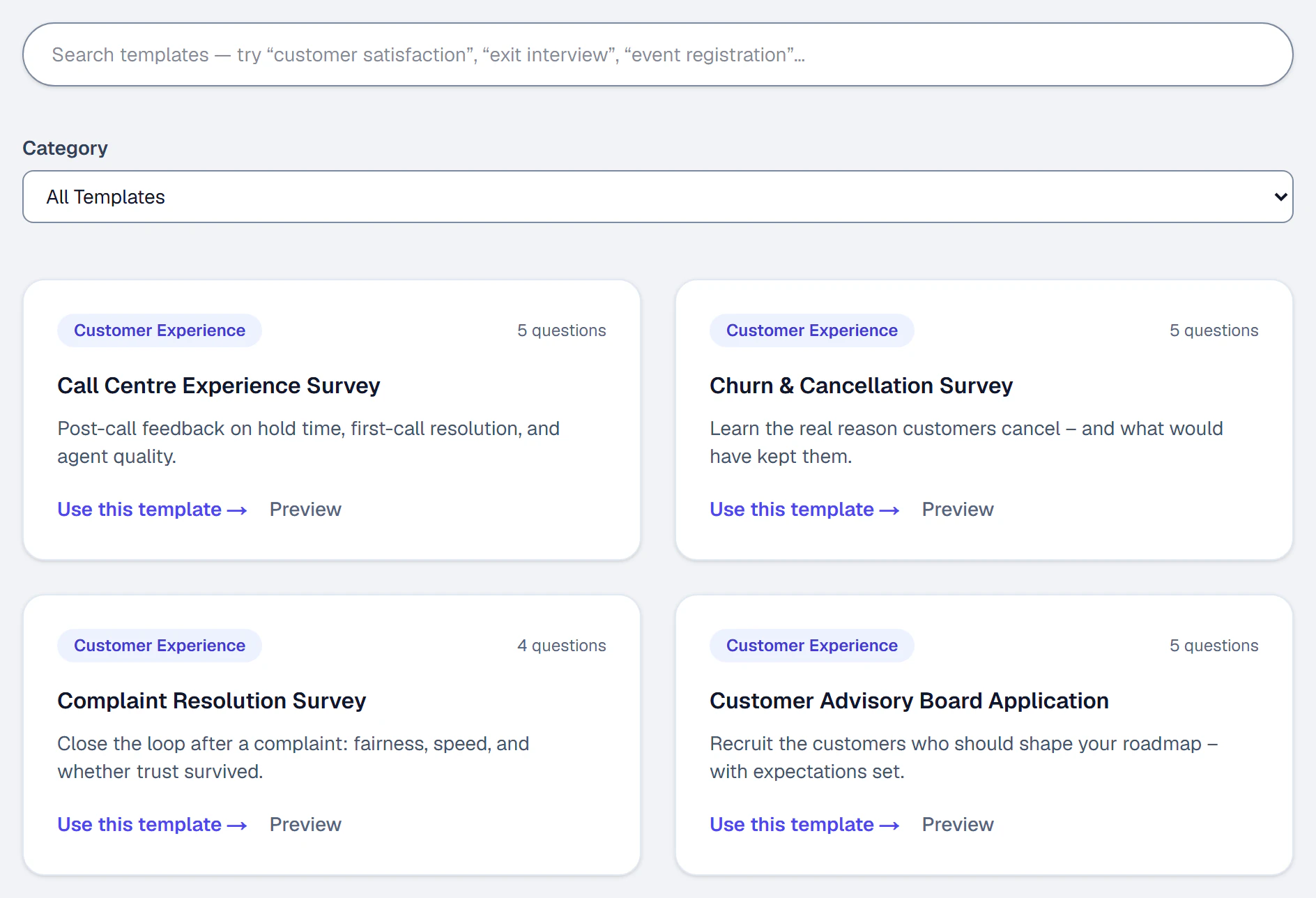 The Thisys survey template gallery: a search box, a category picker, and template cards showing the category, the number of questions, Use this template and Preview.