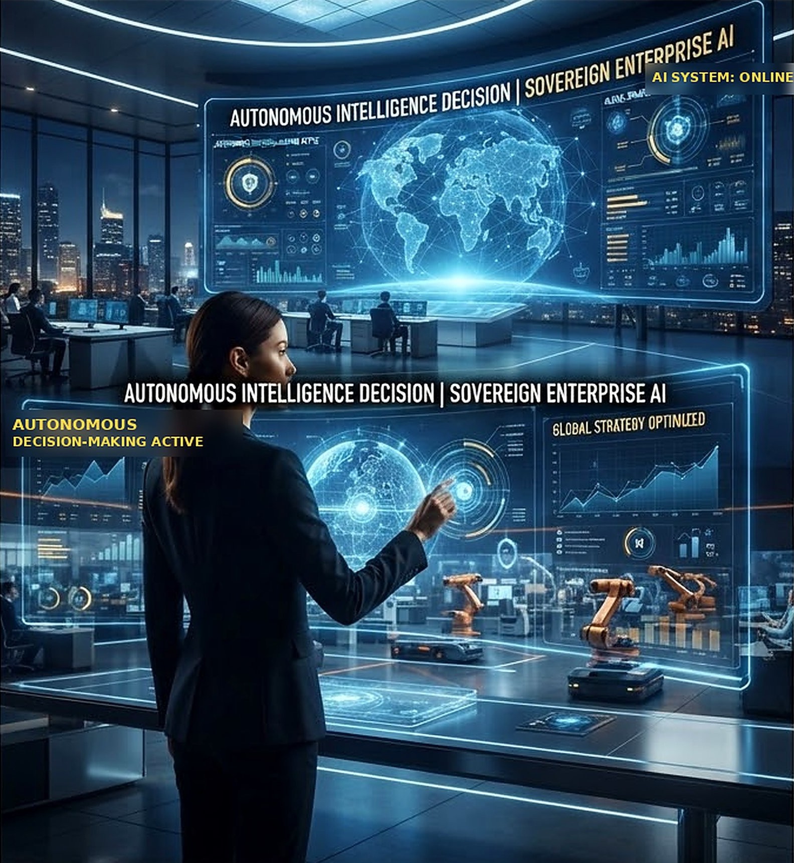 Executive control room with sovereign AI decision dashboard